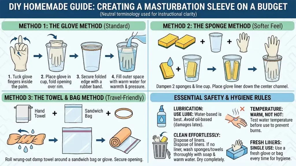 Three methods to make a homemade pocket pussy: glove and cup, sponge method, and towel with bag, plus hygiene rules