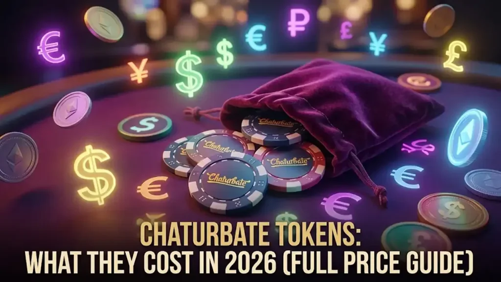Velvet pouch spilling Chaturbate token chips among glowing currency symbols, cover for the Chaturbate tokens price guide 2026