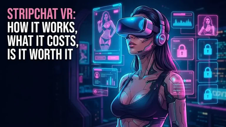 Cyberpunk woman wearing a VR headset surrounded by neon cam screens, cover for the Stripchat VR guide