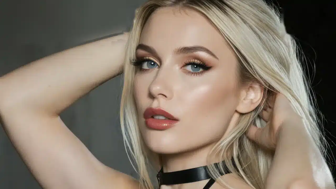 Blonde model in black lingerie with a choker